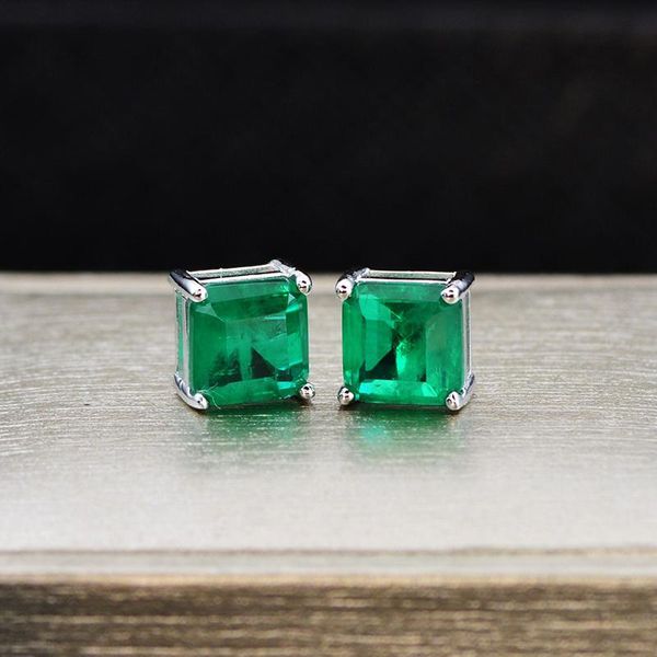 

stud earrings for women 100% solid 925 sterling silver 7mm square paraiba tourmaline emerald party fashion fine jewelry, Golden;silver