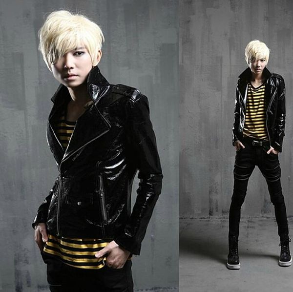 

men's fur & faux 2014 spring brand outerwear male fashion personality slim short leather jacket dj stage singer clothing costumes, Black