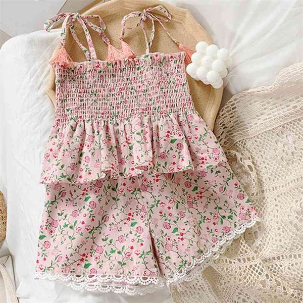 Set da bambina con bretelle floreali estive Top + pantaloncini 2 pezzi Set di abbigliamento per bambini Bambini 210528