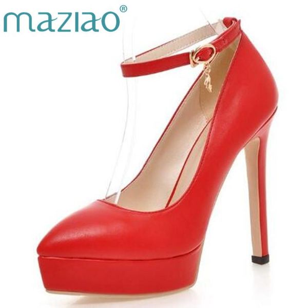 

dress shoes maziao woman high heels ladies pumps pointed toe buckle platform plus size 33-43 female mujer botas causal, Black