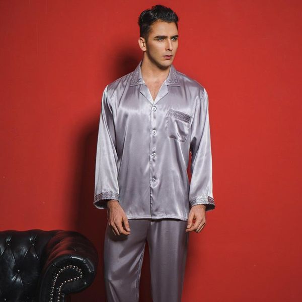 

men's sleepwear arrival l-3xl size men casual breathable faux silk and pants sets lounge homewear set pajama 7958, Black;brown