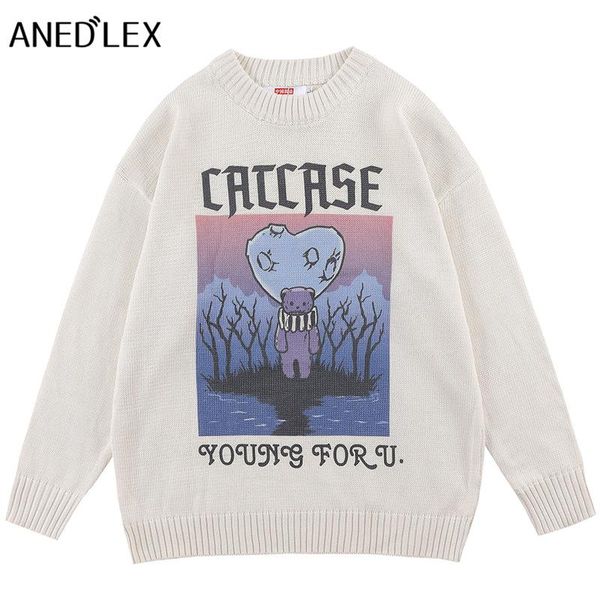 

men's sweaters hip hop knitted sweater men women streetwear bear graphic print pullover winter harajuku cotton casual black, White;black