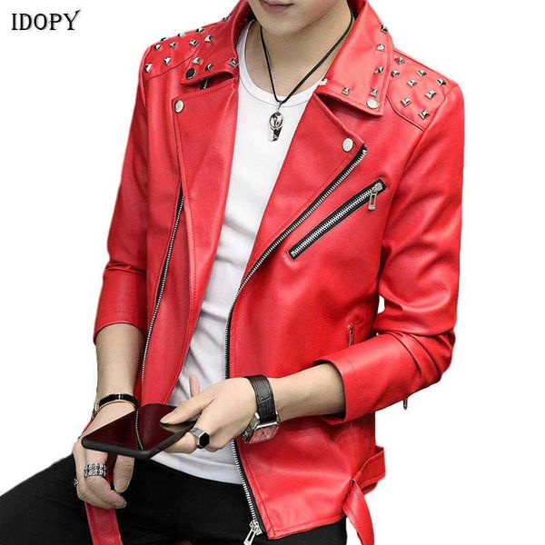 Idopy мужская искусственная кожаная куртка заклепка шипованная стройная пригонка multi zippers мотоцикл верхняя одежда куртка и пальто для мужчины 211018
