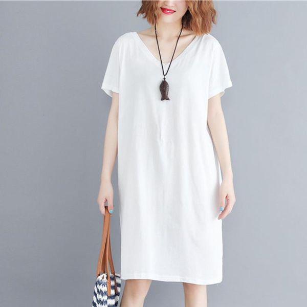 

casual dresses #0104 summer women t shirt dress cotton short sleeve plus size 5xl solid color v-neck backless loose vestidos ladies hollow o, Black;gray