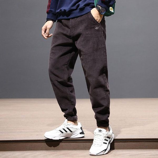 

fashion streetwear men jeans loose fit black gray red casual corduroy cargo pants harem trousers japanese hip hop pants men, Blue