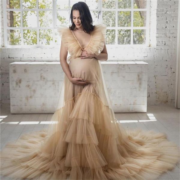 

sheer v neck prom dresses 2021 ruffles maternity robes for p shoot female pregnant evening gowns customise, Black