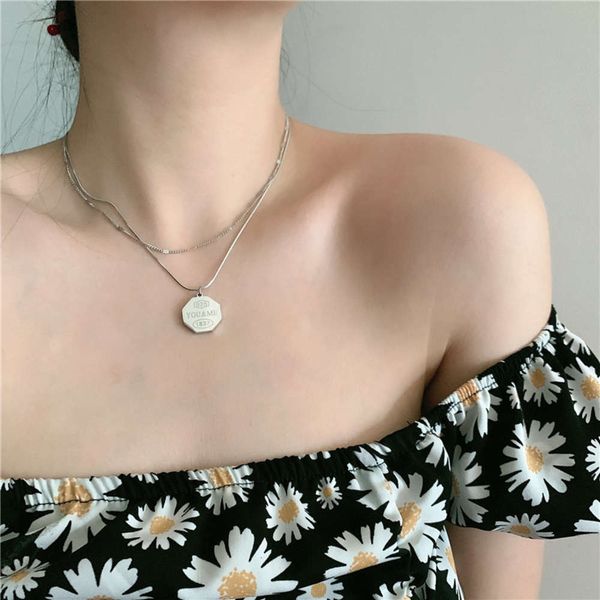 

hbp fashion inswind necklace silver stainless steel double layer folding round brand pendant net red clavicle neck chain female