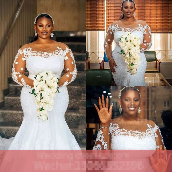 

plus size mermaid 2021 wedding dress sheer neck appliques poet long sleeves court train bridal gowns for african brides, White