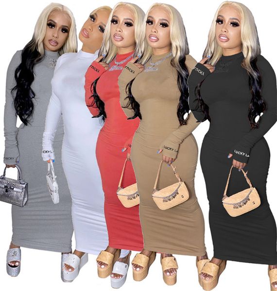 

plus size women casual dresses letter print maxi skirts fashion summer clothing long sleeve crew neck dress solid color bodycon dress 4595, Black;gray