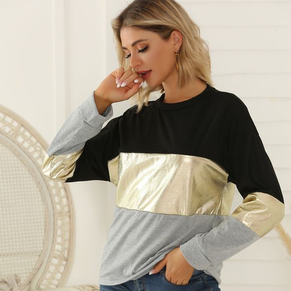 

2021 new fashion long sleeve black gray gold patchwork shirts women's spring autumn tshirts pullover ladies office clothes 6uoj, White