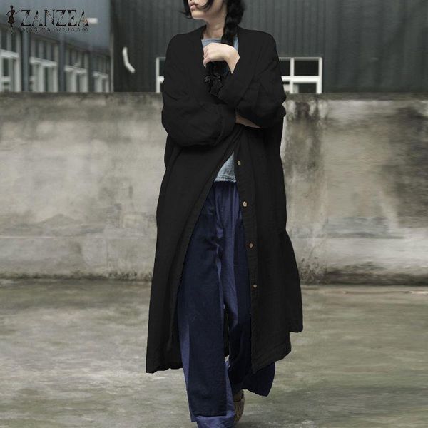 

2021 zanzea autumn long cardigan vintage cotton linen tunic women solid long sleeve shirts blouse blusas robe plus size 5xl, White