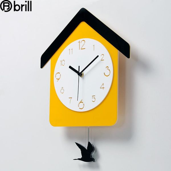 

wood wall clock modern design cuckoo clock pendulum yellow bird living room kids bedroom decor cartoon pendulum mechanism