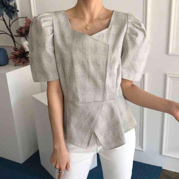 

women's t-shirt korean version of the niche retro, thin square collar, irregular clavicle design, waist short-sleeved shirt qs, White