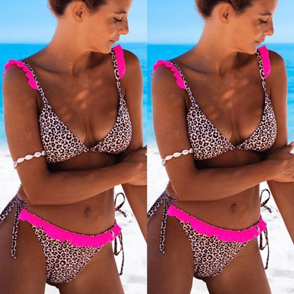 

leopard print sub-system with ladies ruffled bikini underwear swimming vacation beach k7x6