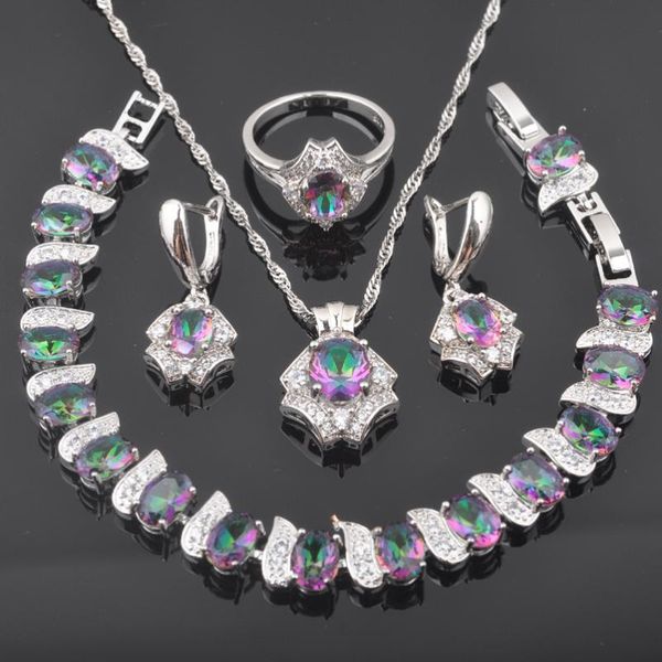 

earrings & necklace 2021 multicolor rainbow zirconia silver color for women fashion wedding jewelry sets qs0579