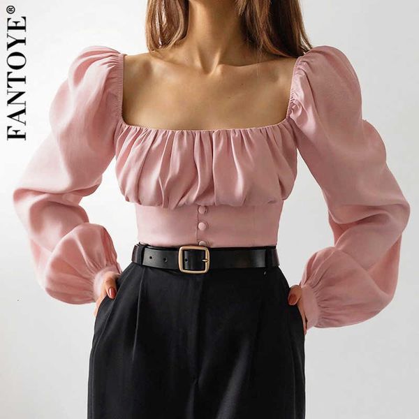 

women's t-shirt pink square neck pleated woman tshirts fashion lantern long sleeve buttons harajuku tees office ladies solid slim eu5e, White