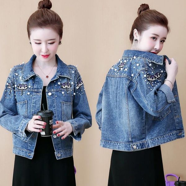 

women's jackets large size jacket fashion embroidered beading all-match casual short denim coat women, Black;brown