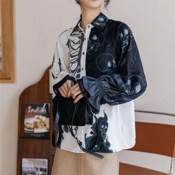 

women's blouses & shirts plus size vintage skull printing fashion harajuku lantern sleeve blusas mujer female, White
