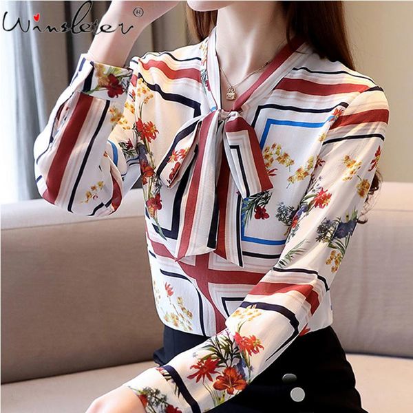 

women's blouses & shirts print women chiffon 2021 autumn ribbon mandarin collar long sleeve casual all match t07301k, White