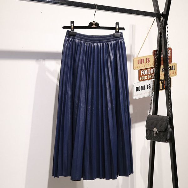

2021 new women pu leather pleated midi female solid elastic high waist skirt office lady all-match skirts streetwear 5ha8, Black