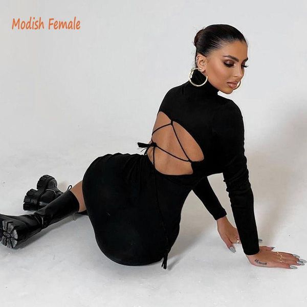 

casual dresses modish female european brand designer high neck full sleeve hollow out black evening party women bandage backless dress, Black;gray