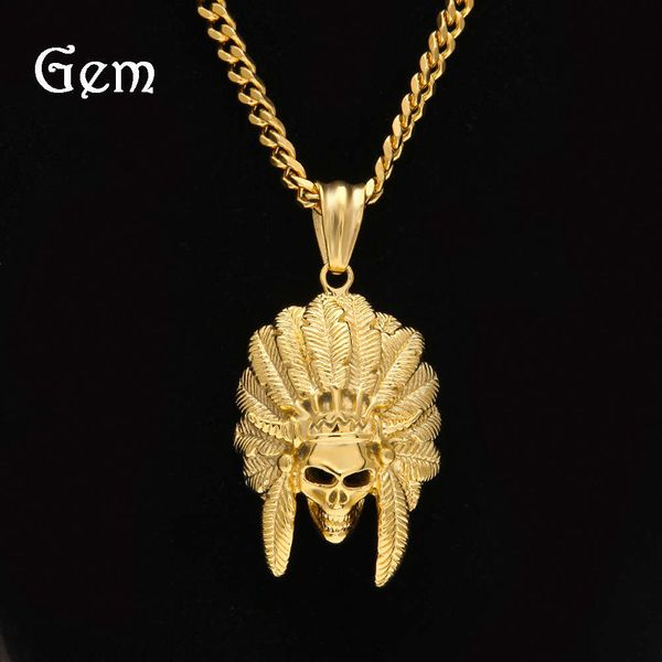 

hip hop stainless steel feather skull horn chief pendant color preserving vacuum plating men's jewelry, Silver