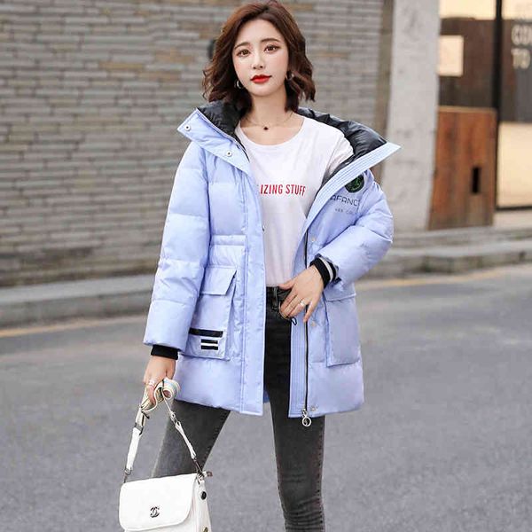 

off season 2021 down jacket women's middle and long hooded korean waist closing fashion bright white duck, Black