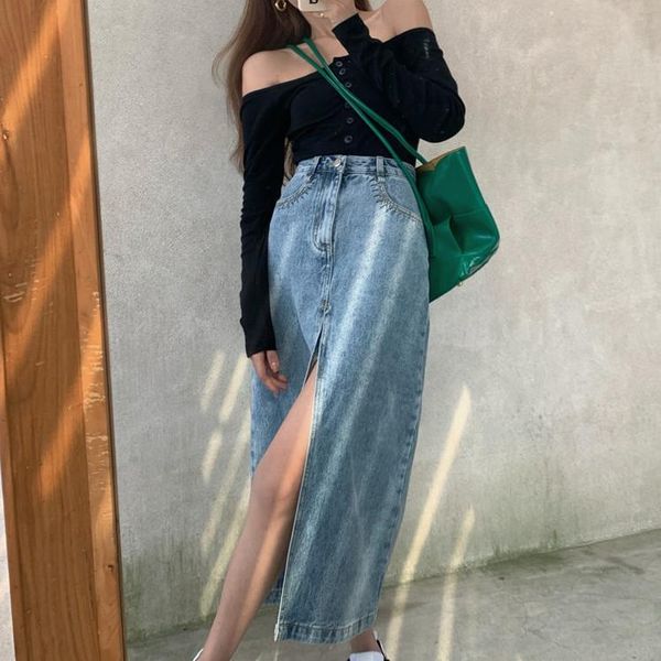

zhisilao new long split high waist skirt women vintage denim skirt summer 2021 blue a-line pencil jeans streetwear, Black