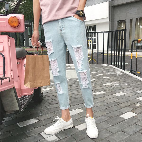 

casual ripped potatoes slender men jeans denim mode hip hop gates bekrast broek streetwear light blue