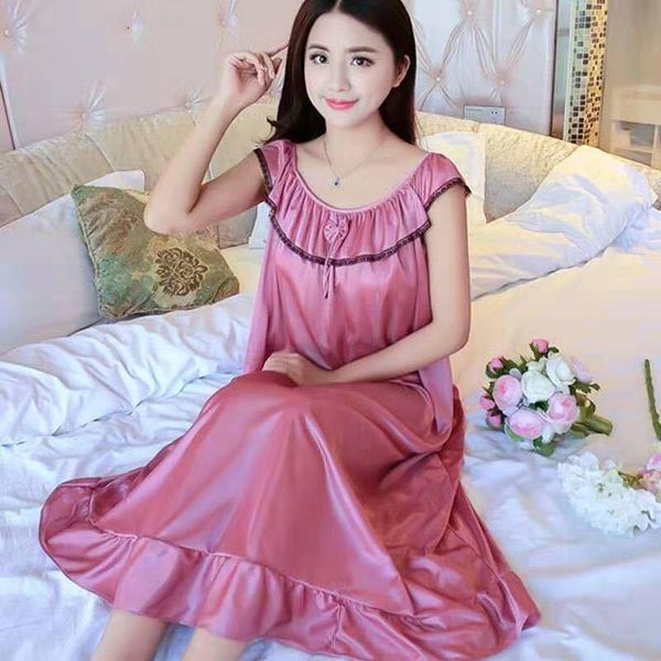 

women's sleepwear summer women solid nightgown bride bridesmaid wedding nightdress rayon lingerie long nightshirt with bow, Black;red