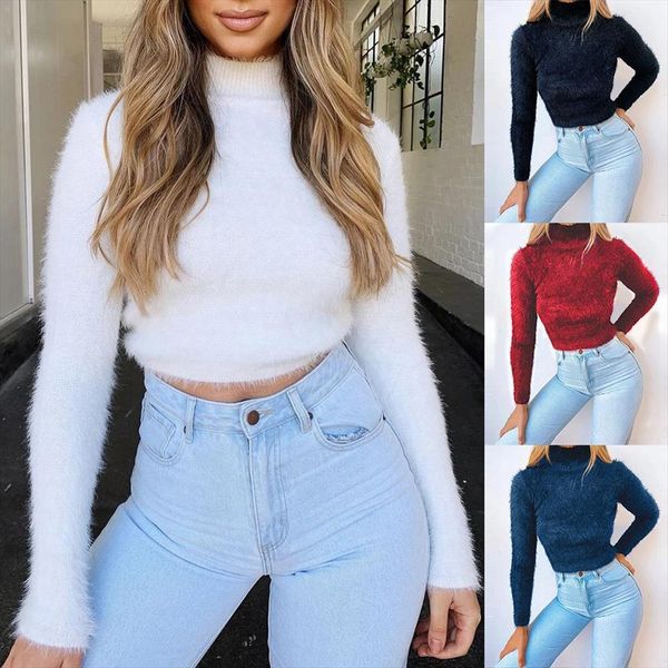

women autumn winter solid color sweater long sleeve casual turtleneck plush crop high street loose elegant short, White;black