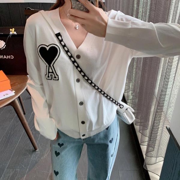 

women's knits & tees sweater cardigan embroidery solid color peach heart v-neck show thin foreign style knitted top, White
