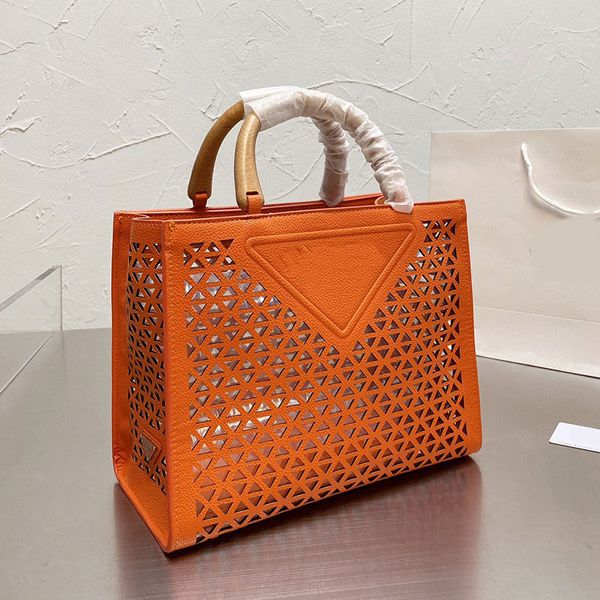 

new hollow tote bag women shoppiong handbag genuine leather bags large capacity travel handbags summer wooden handle, Black;red