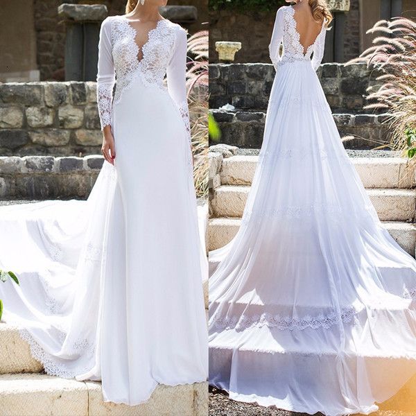 

2021 new beach white boho es lace and chiffon v-neck bridal wedding gowns vestido noiva plus size robe de mariee n5r3