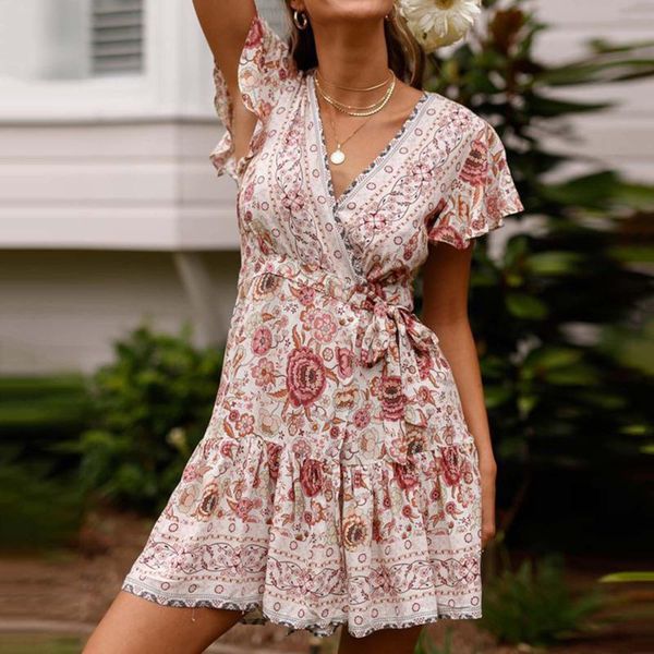 

women's swimwear floral dress woman clothes beach boho ruffle v-neck printed belt pleated short sleeve midi summer women urban, White;black