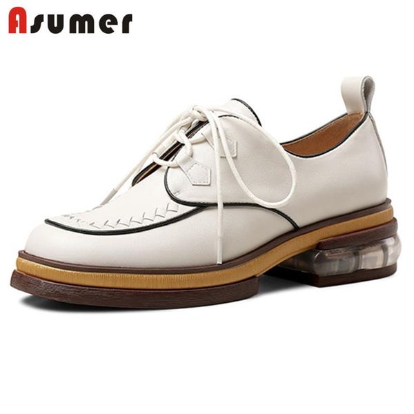 

asumer 2021 genuine leather footwear women single shoes round toe lace up square heel casual spring summer women pumps, Black
