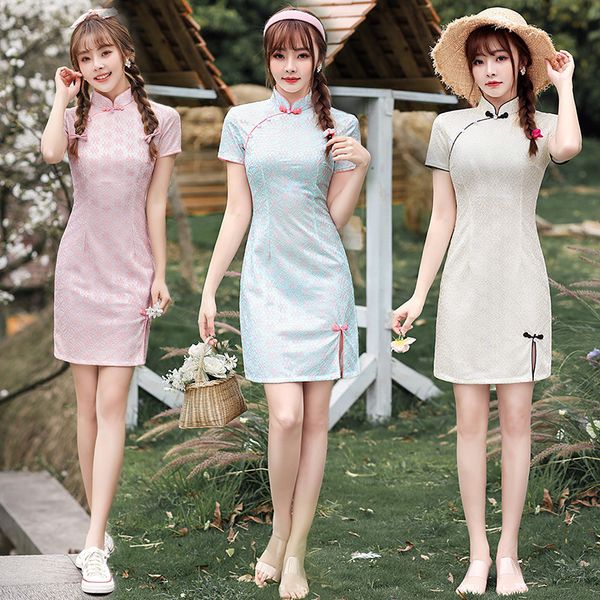 

summer embroidery chiffon mandarin collar mini lace qipao traditional chinese women short sleeve dress daily student cheongsam, Red