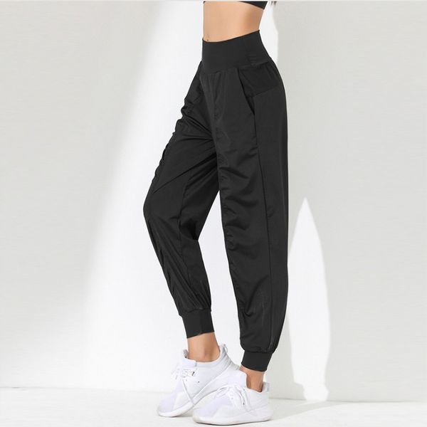 

lu yoga high-quality new solid color pocket yoga pants female loose bundle foot running fitness quick-dry high waist casual sports pants, Black;red