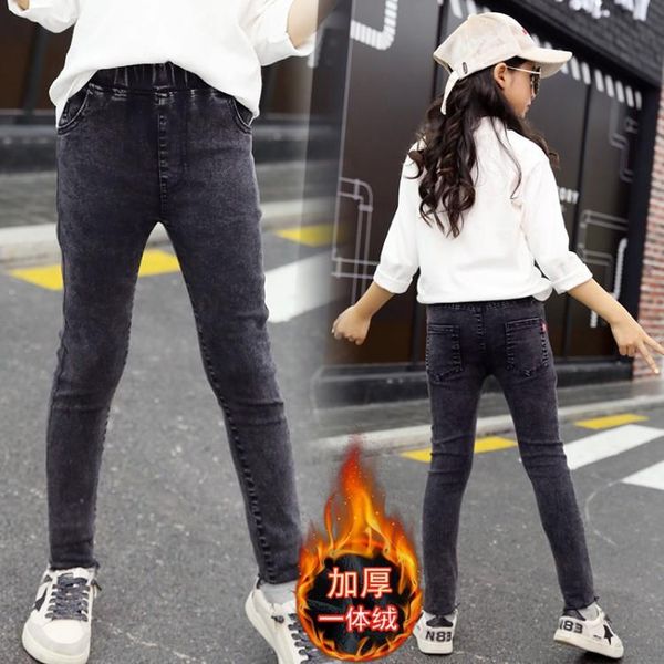 

jeans fall winter girls pants baby long style cotton thick kids denim trousers warm velvet children skinny, Blue