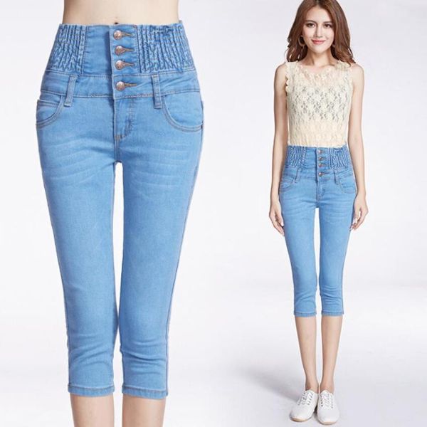 

women's jeans women summer knee length pants high waist button female tight elasticity small korean version cuffs was thin, Blue