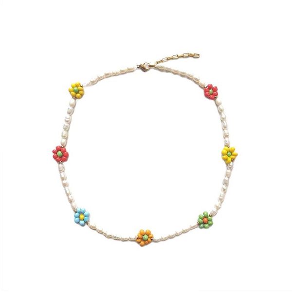 

chokers 2021 summer handmade fashion jewelry natural pearl color rice bead necklace small flower lady sweet choker exquisite cute style, Golden;silver