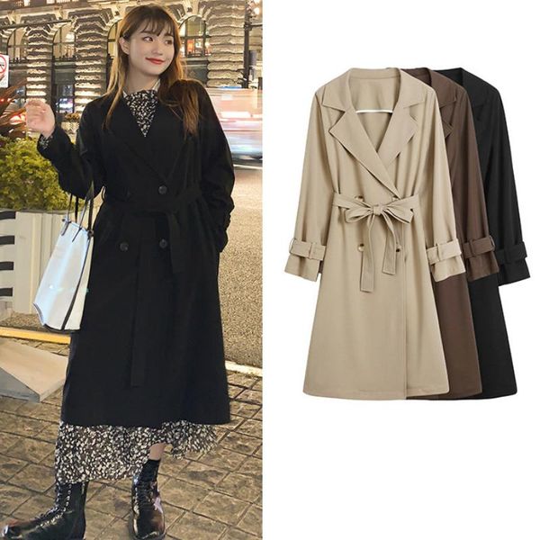 

long trench for women retro long sleeve vintage trench coats solid casual outerwear coat women ta9910, Tan;black