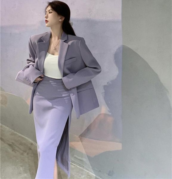 

two piece dress quality office ladies' suits with skirt two-piece setup autumn women purple belt blazer chic high-waist split outfit, White