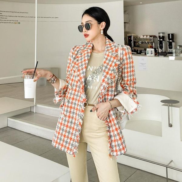 

cbafu loose colorful plaid outwears women tweed jacket long sleeve turn down collar double breasted wool coat runway female m319, Black;brown