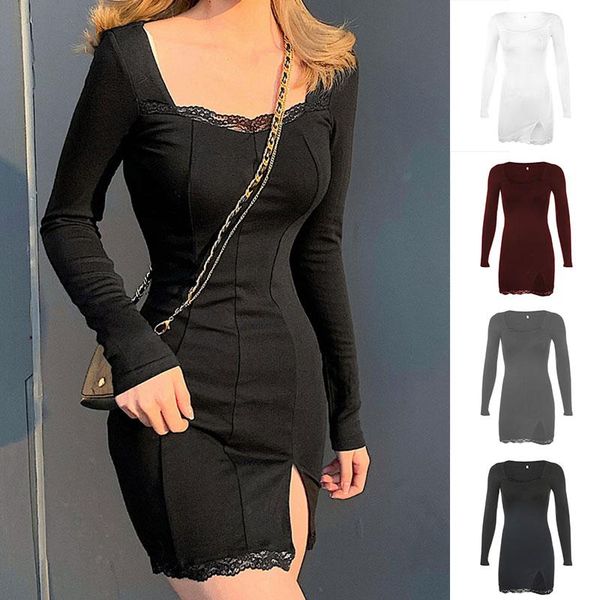 

casual dresses bodycon dress long sleeve autumn slim fit party lace patchwork split club wear mini square collar, Black;gray