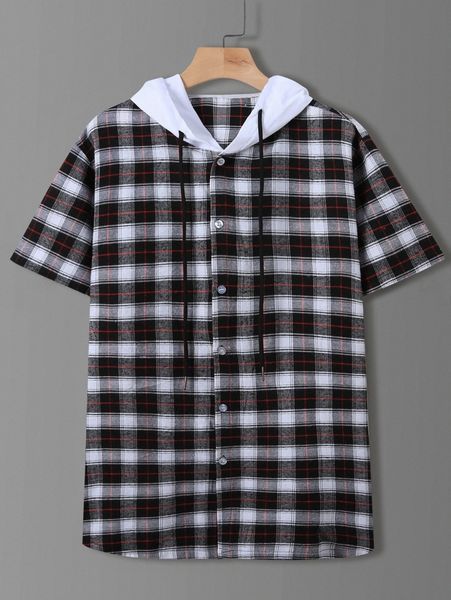 

men tartan drawstring hooded shirt g77q#, White;black