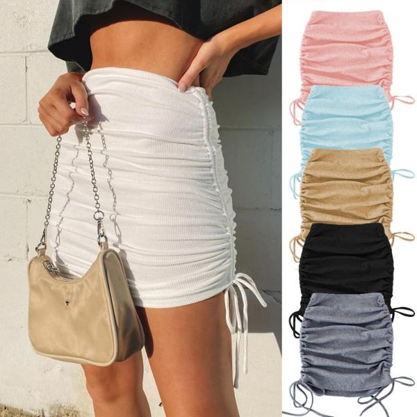 

skirts sweet women girls mini bodycon solid color high waist smocked drawstring slim short skirt fashion ladies draped, Black