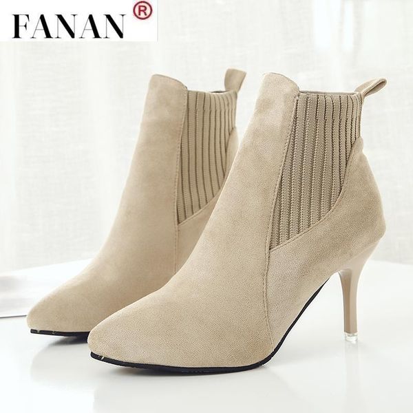 

boots ankle women suede short flock pointed fashion winter booties woman knitted elastic slip on high heels, Black