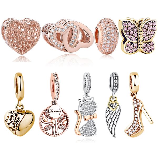 

eleshe 925 sterling silver bead charm pendant heart charms gold color fit original bracelets necklace diy jewelry q0531, Black