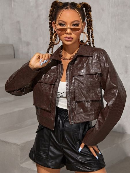 

zip up flap pocket crocodile embossed jacket k26c#, Black;brown